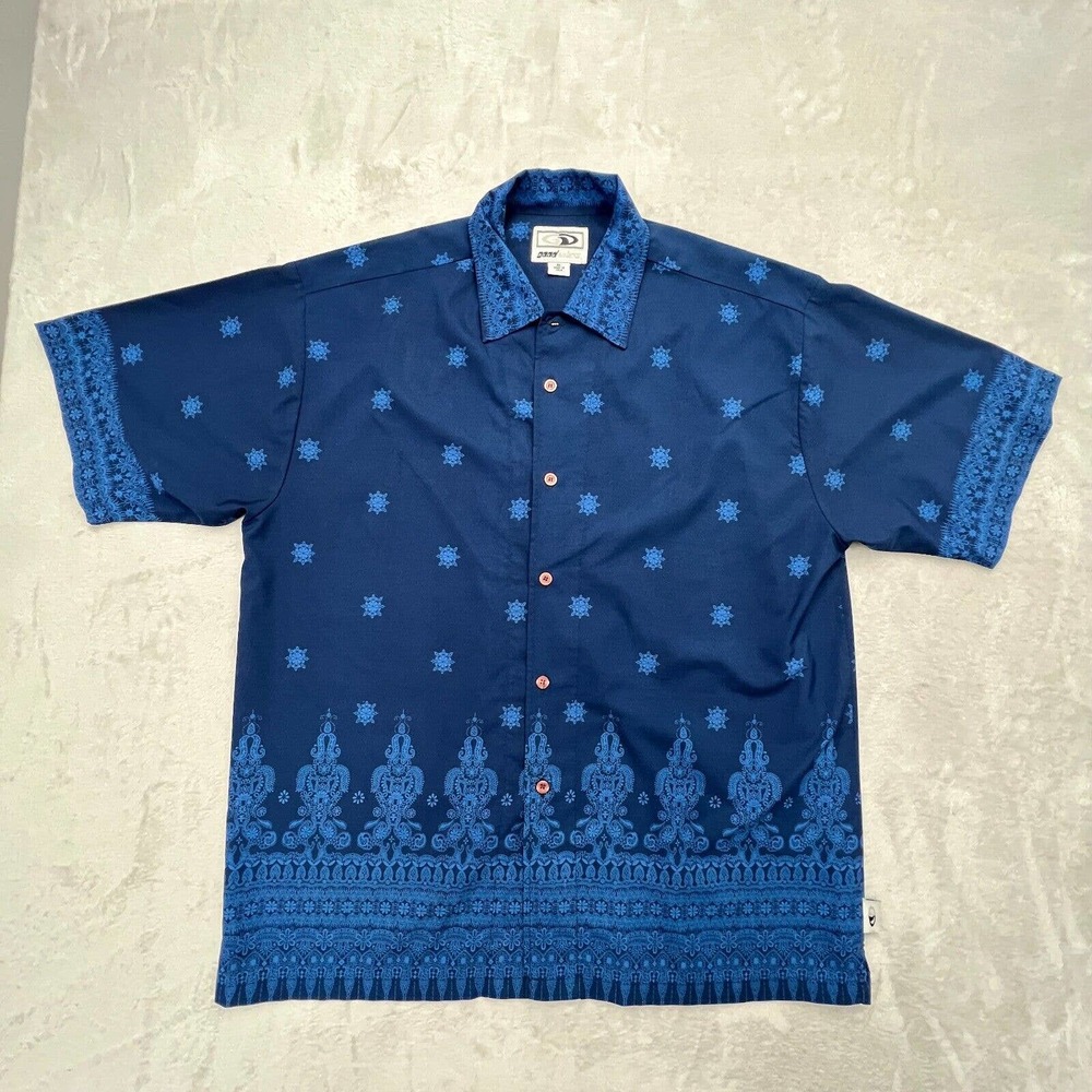 Good Vibes Shirt Mens Extra Large Blue Paisley Hawaiian Beach Button Up Casual